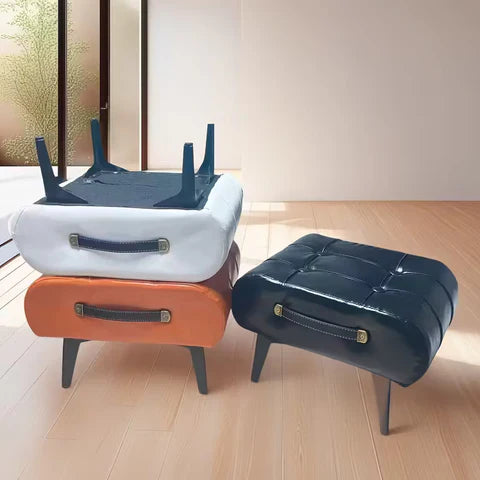 [Llevá 2 Pagá 1] Banqueta de Cuero Legítimo Acolchonada con Patas de Madera y Asa Lateral