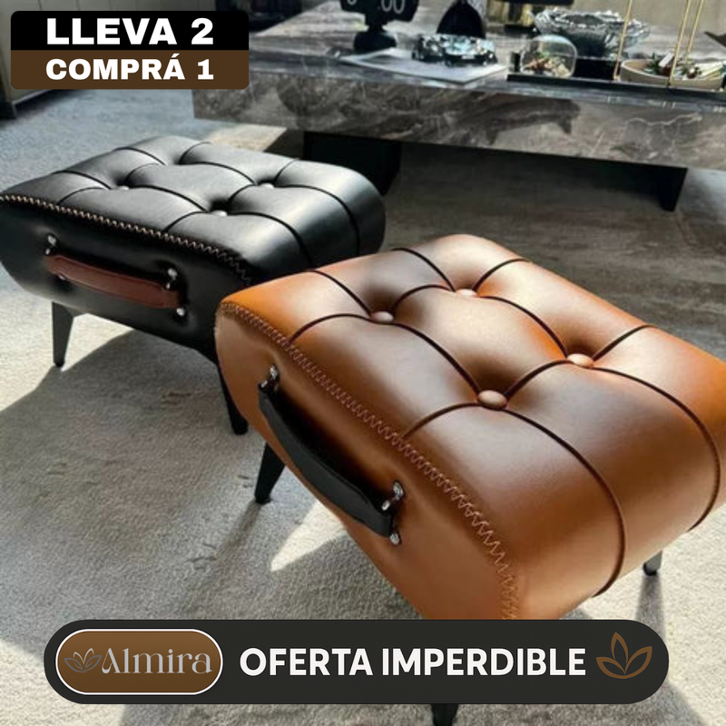 [Llevá 2 Pagá 1] Banqueta de Cuero Legítimo Acolchonada con Patas de Madera y Asa Lateral